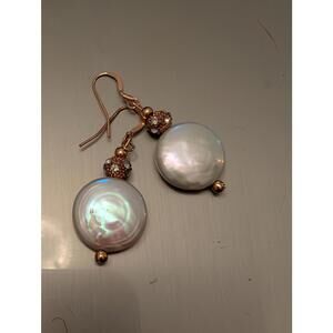 Coin Natural Pearl and Rhinestone Drop Earrings Rose Gold Trim